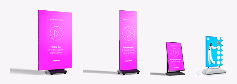 adVideo Poster Trifold, adVideo Poster Fold, adVideo A-Board und adBoard LED